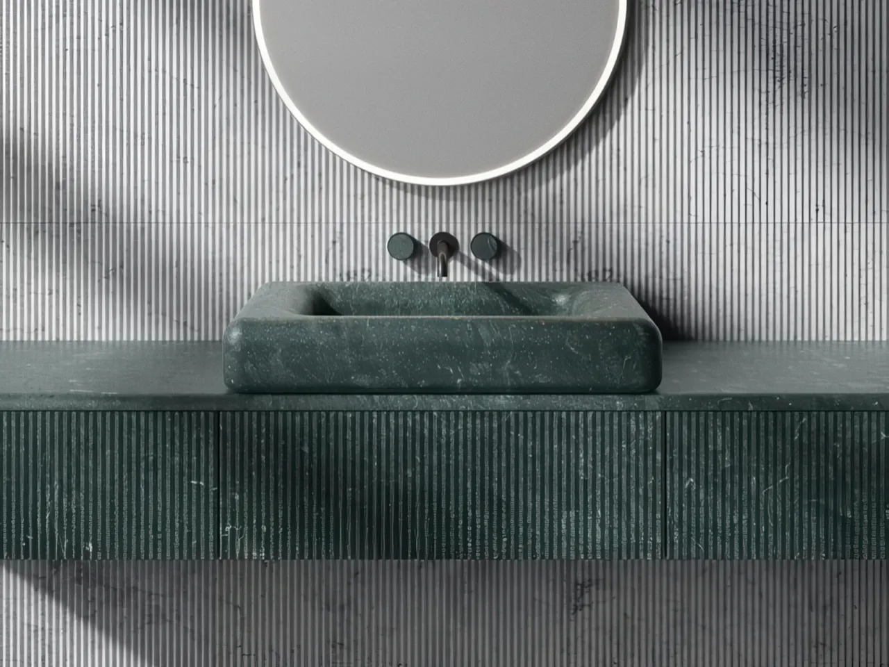 Salvatori Nereo vanity unit Elisa Ossino sculpturaal natuursteen afgeronde randen zeven steensoorten