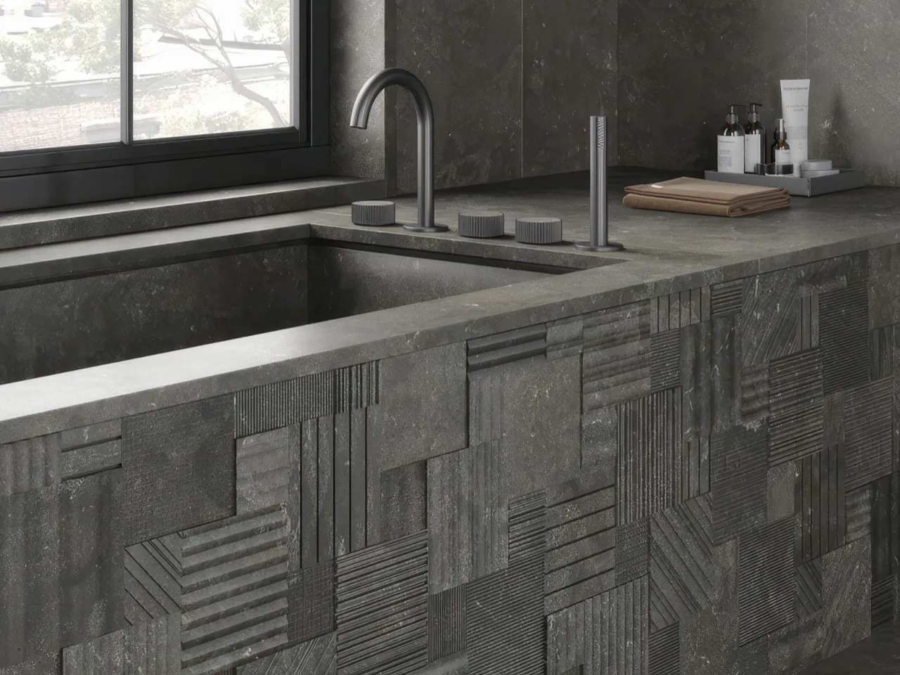 Salvatori Patchwork wandbekleding Piero Lissoni negen texturen in één kleur natuursteen mozaïek