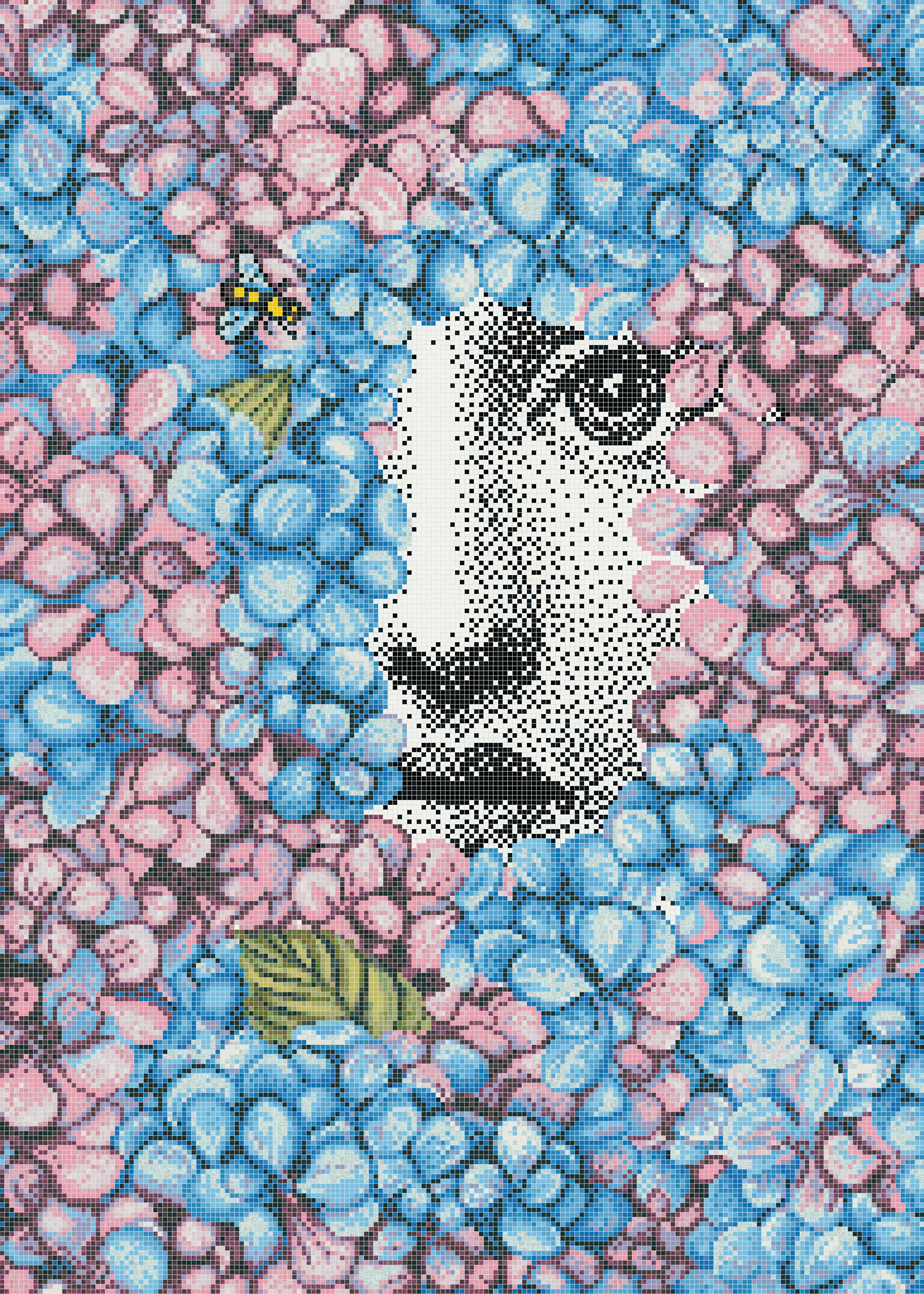 Bisazza Fornasetti Ortensia glasmozaïek patroon in roze en blauw hortensia bloemen rondom Lina Cavalieri gezicht
