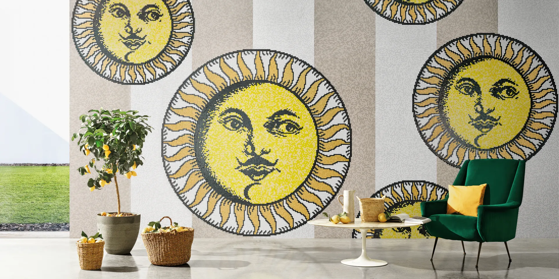 Bisazza Fornasetti Soli a Capri glasmozaïek tegels in beige met zon en maan motief handgezet Italiaans mozaiek