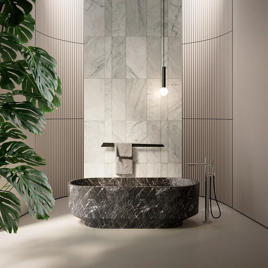 antoniolupi Borghi vrijstaand bad in bruin natuursteen ontwerp Gumdesign sculpturale vormgeving massief steen