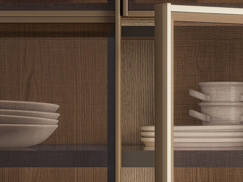 Arclinea vitrinekast met Bronze Trama glazen deuren geweven textuur in brons frame serviesgoed zichtbaar