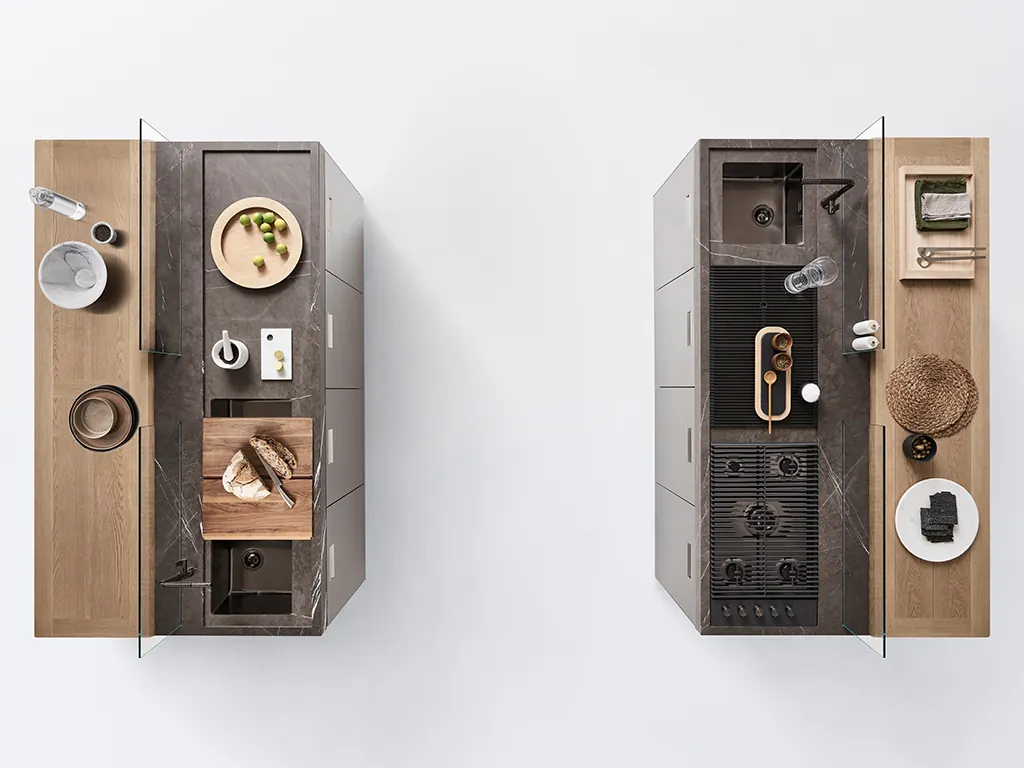 Arclinea werkblad bovenaanzicht twee kookeilanden tot 90 cm diep in natuursteen en eiken met spoelbak en gaspitten