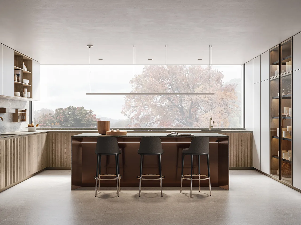 Arclinea Thea keuken met brons kookeiland greeploze fronten licht eiken lamellen en vitrinekast minimalistisch design