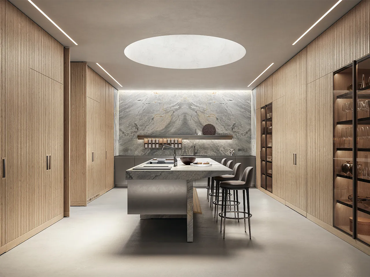 Arclinea Lignum et Lapis keuken met eiken lamelwanden RVS kookeiland natuursteen achterwand en rond plafondlicht