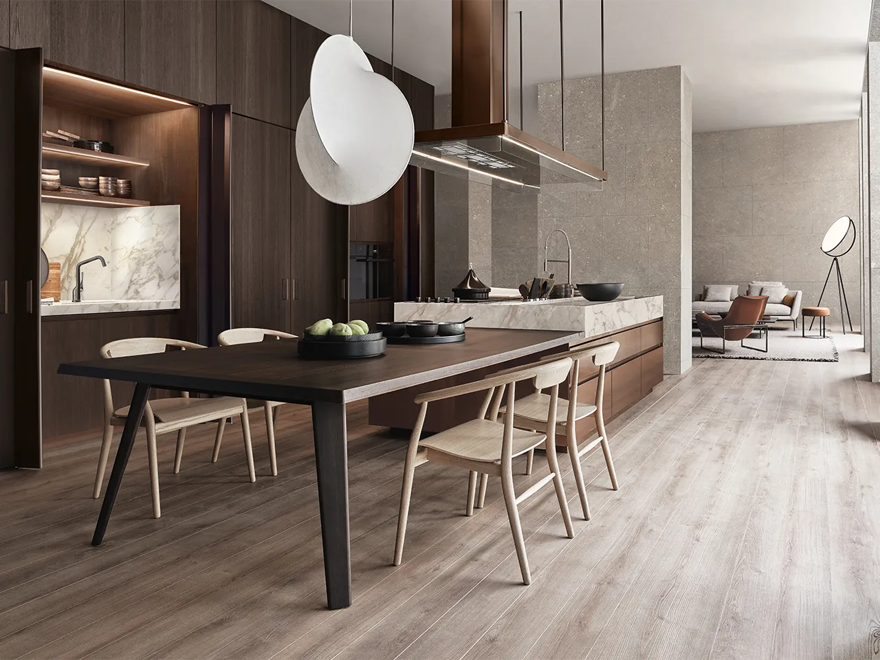 Arclinea Convivium keuken met tafel geïntegreerd in kookeiland marmeren werkblad donker hout en open woonruimte