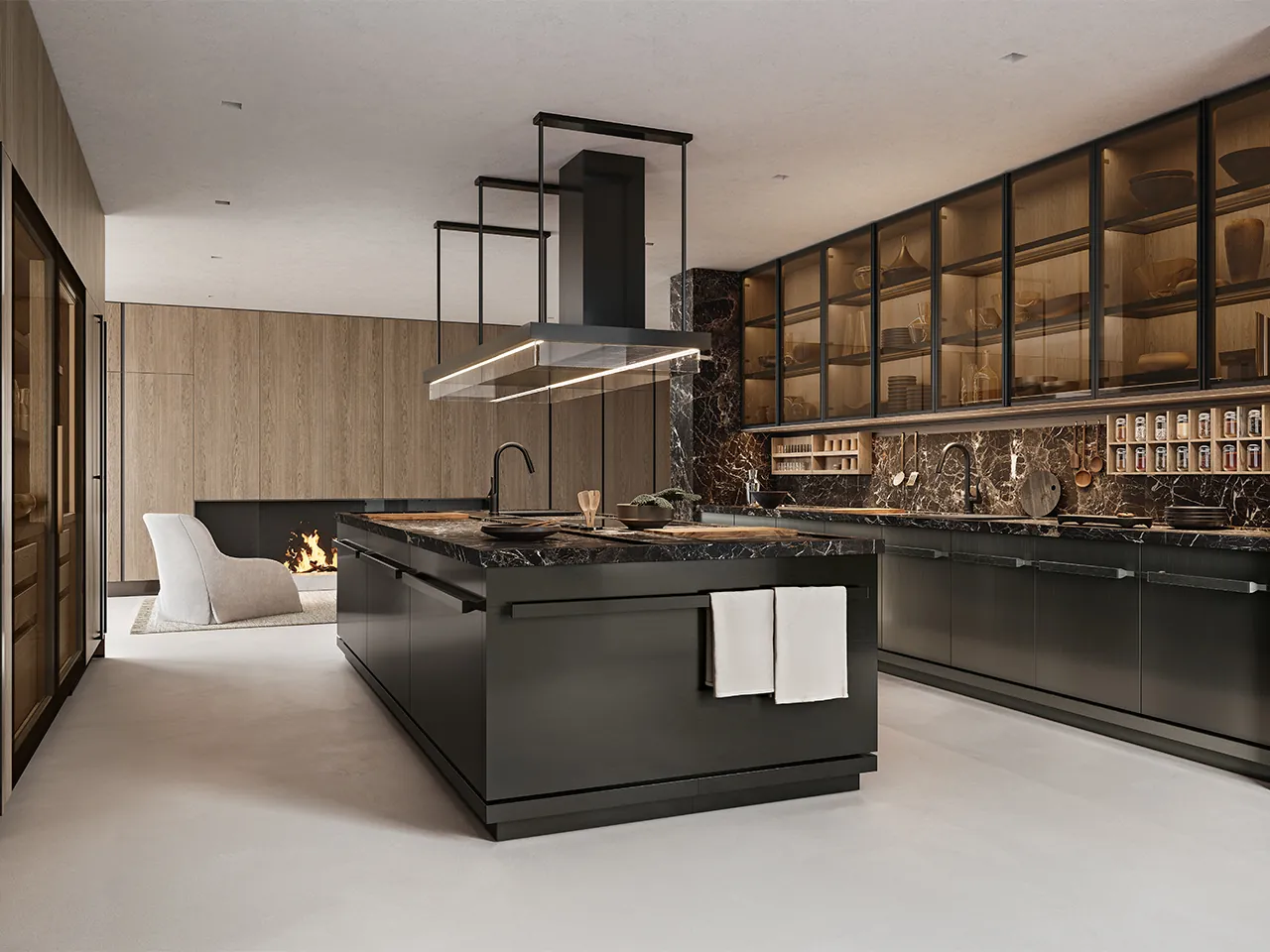 Arclinea Proxima keuken met zwart kookeiland donker marmeren blad glazen bovenkasten brons verlichting en shelf afzuigkap