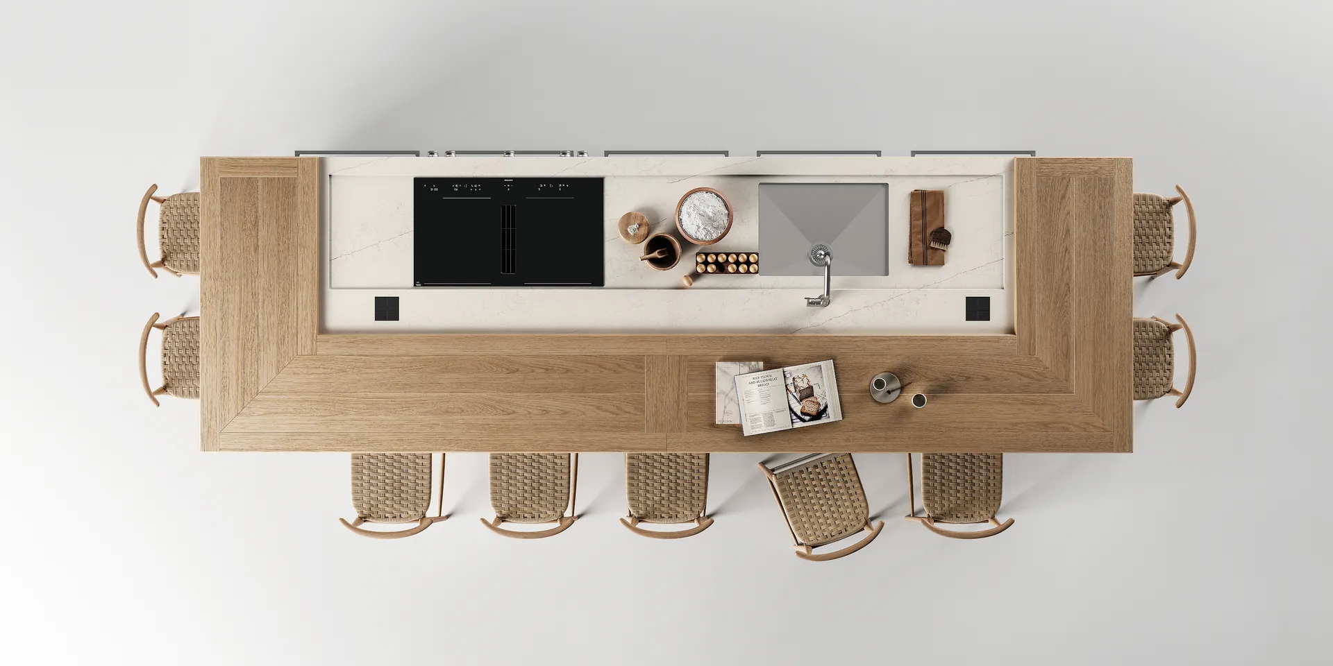 Arclinea kookeiland bovenaanzicht met marmeren werkblad eiken bar rondom inbouwapparatuur en gevlochten barkrukken