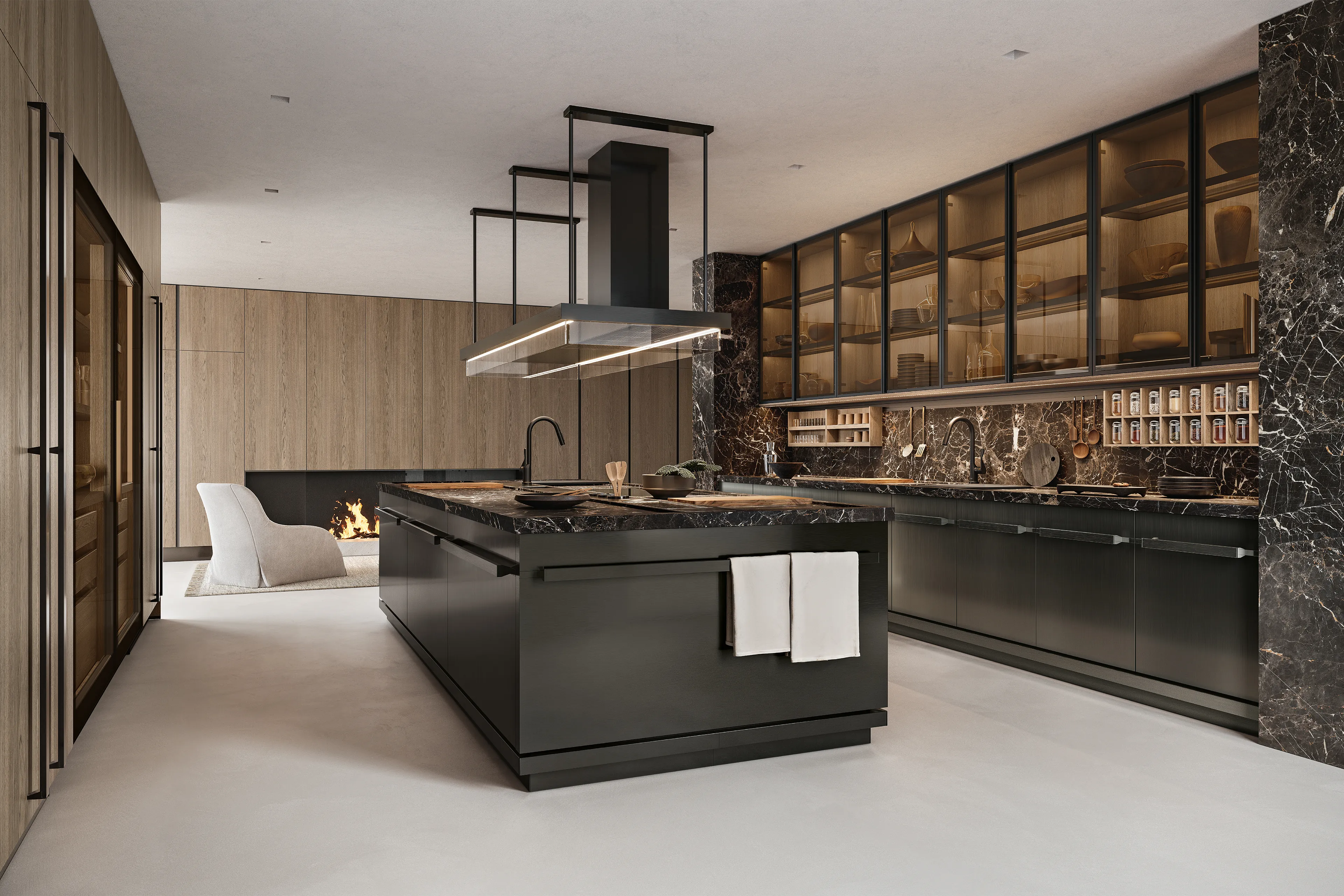 Arclinea Proxima keuken uit de Duet collectie met kookeiland in donker marmer en glazen kasten Italiaans design sinds 1925