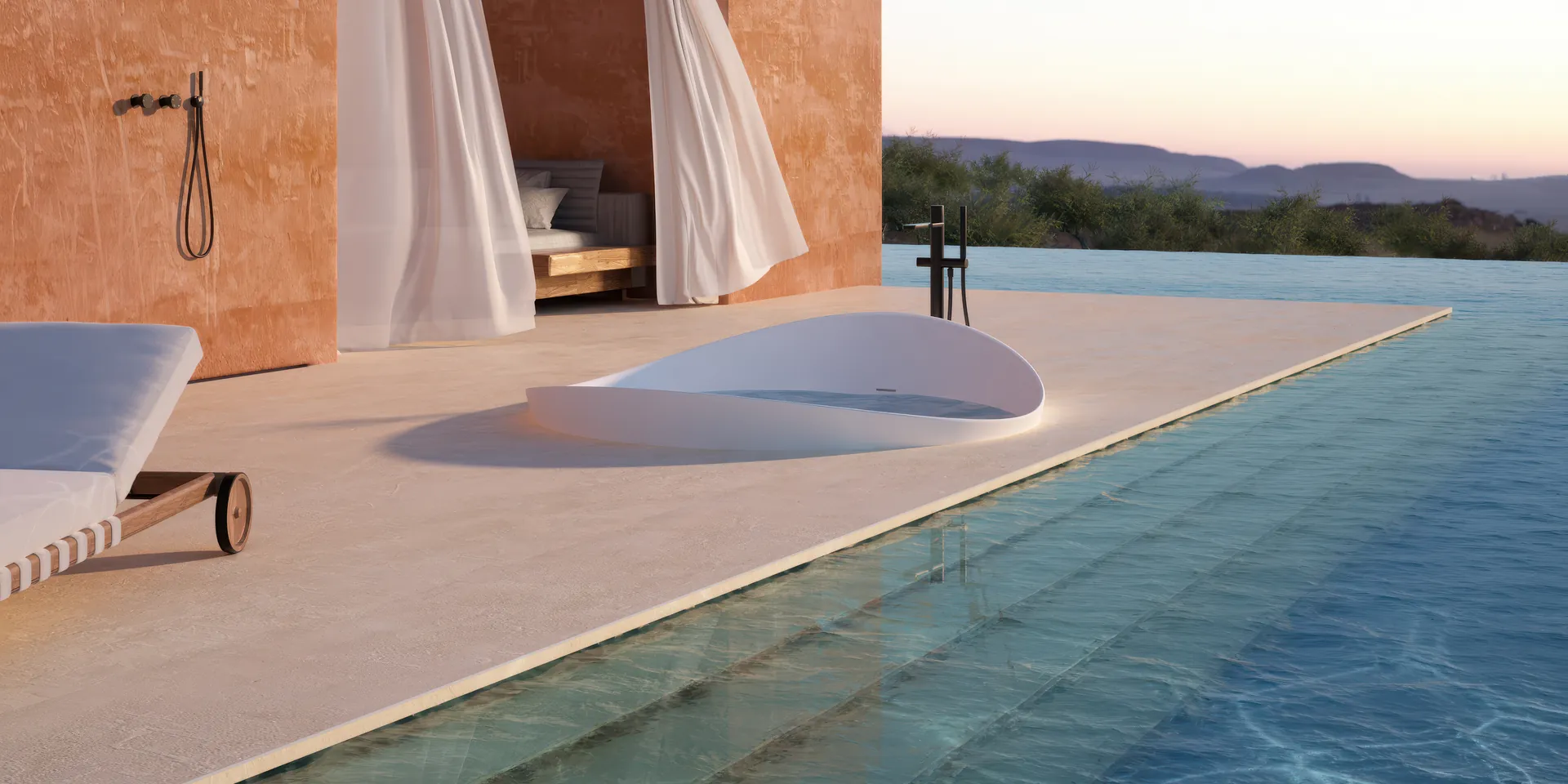 Betegeld zwembad met antoniolupi Dune vrijstaand bad golvend reliëf design in natuurlijke omgeving