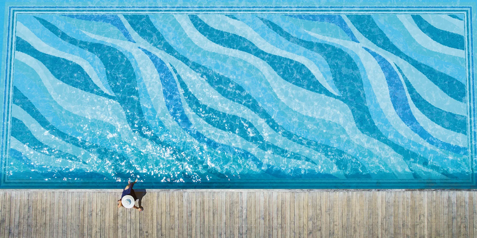 Bisazza mozaïek zwembad Onde 20 Celeste blauw glasmozaïek 2x2 cm handgezet Italië